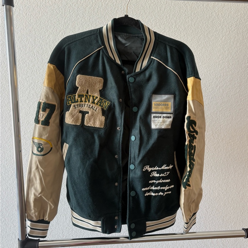 Men's Varsity Jacket - Green and Beige